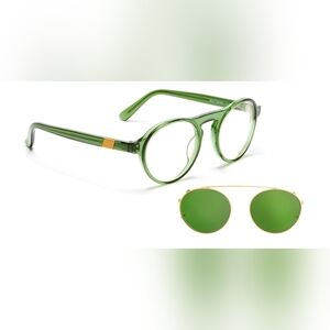 🆕$295 Westward Leaning 2in1 Clip Off Round Shades🔄Glasses Made JAPAN GRN/GLD